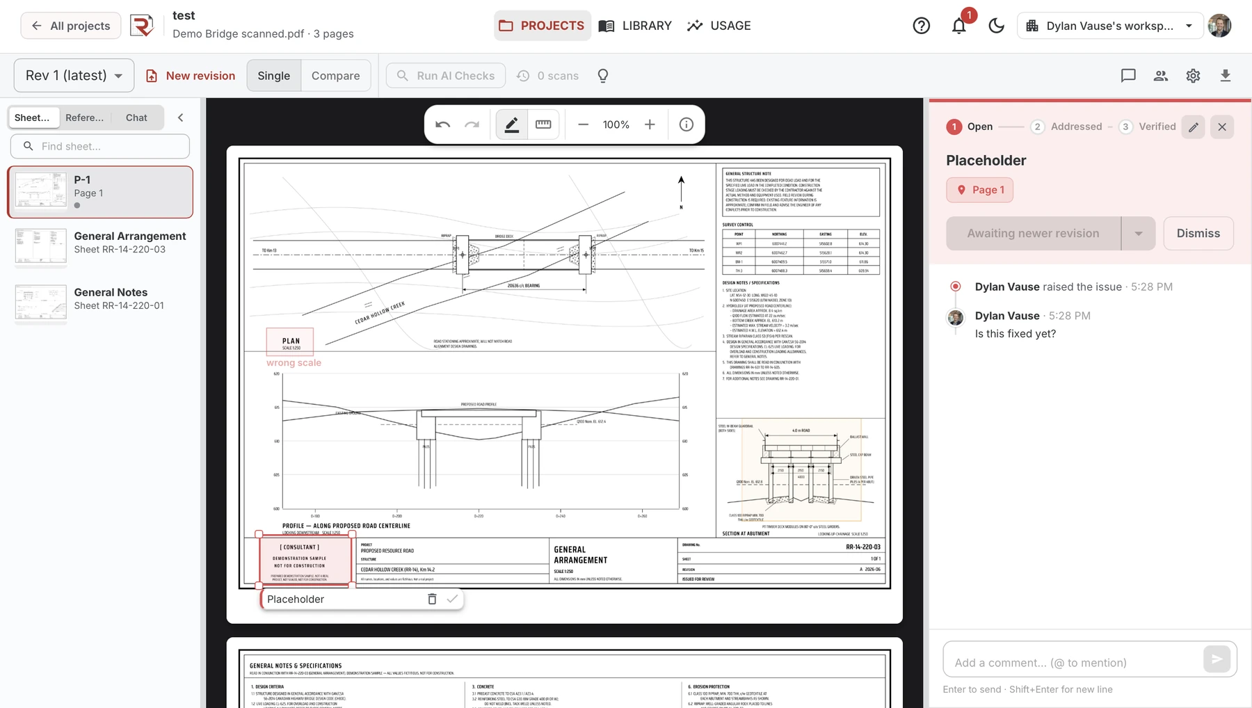 The Redline platform: a drawing open on the canvas with markups and their discussion threads alongside